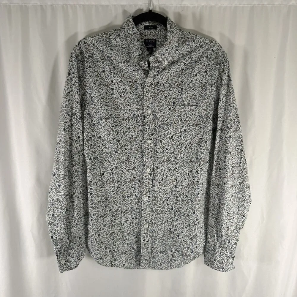 J. Crew Flex Washed Dress Shirt Men's Medium White Floral Slim Button Up Long Sl